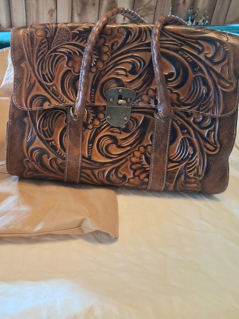 PATRICIA NASH TAN BROWN EMBOSSED LEATHER HANDHELD SHOPPER TOTE BAG